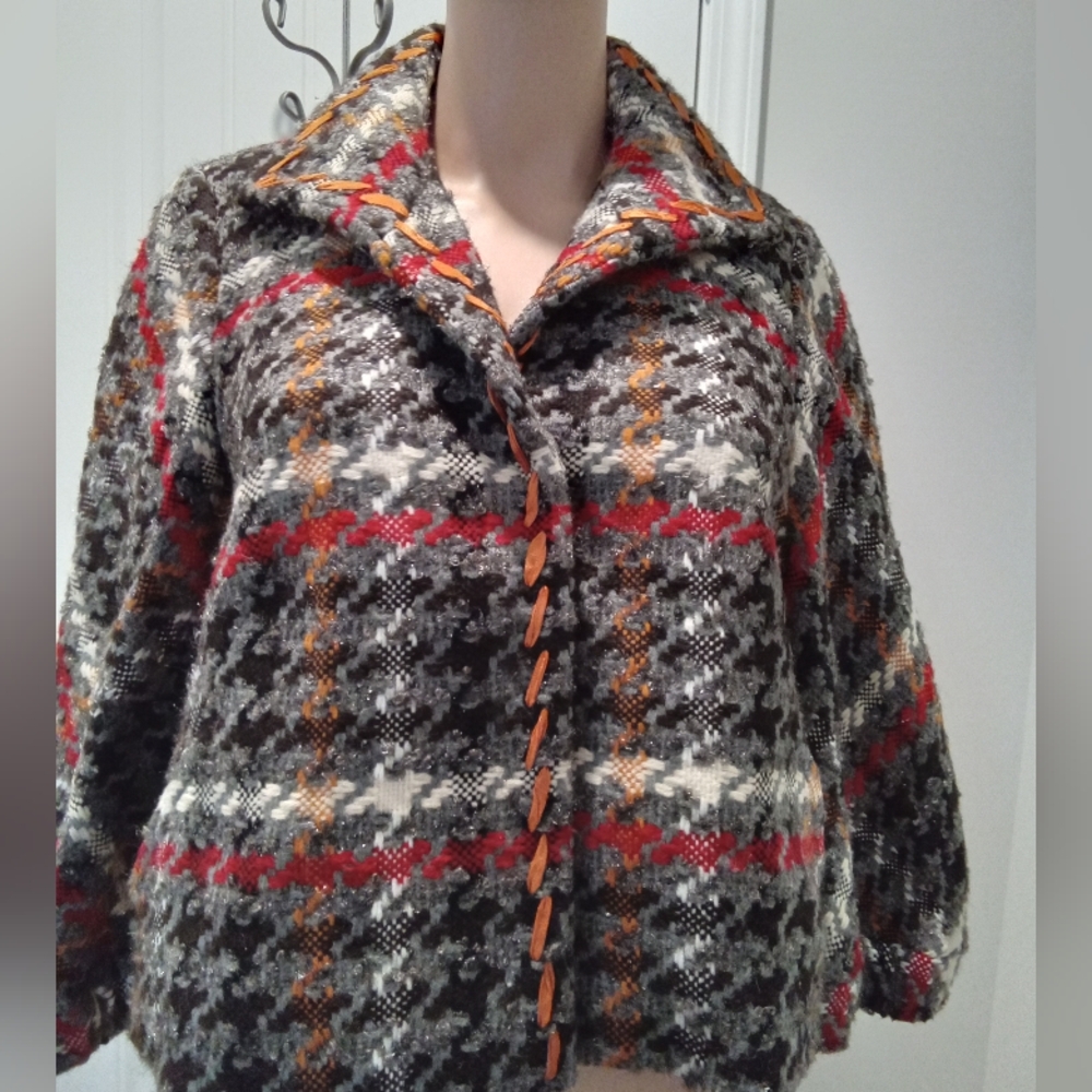 W by Worth Women's Size XP Wool Plaid Teddy Jacket - Black, Gray, Red, Orange